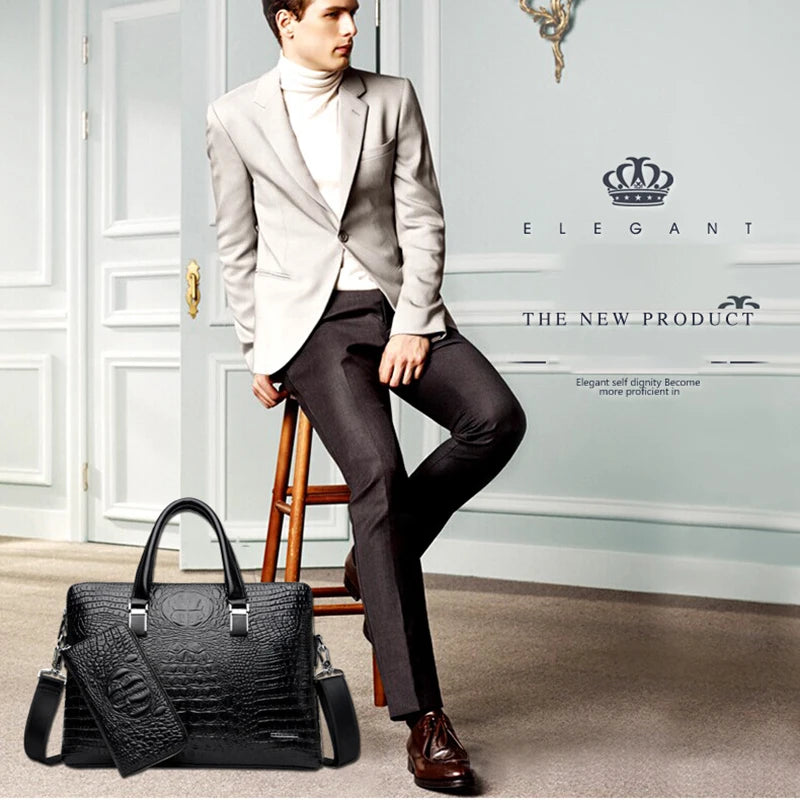 Briefcase Bag Man PU Leather Crocodile Alligator Tote Handbag Laptop 14 Computer Male Shoulder Business Messenger Bag Husband