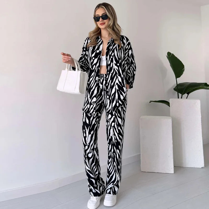 Women's Zebra Print 2-piece Set 2025 Spring Summer New Fashion Long Sleeve Shirt Top High Waist Wide Leg Pants Casual Outfits
