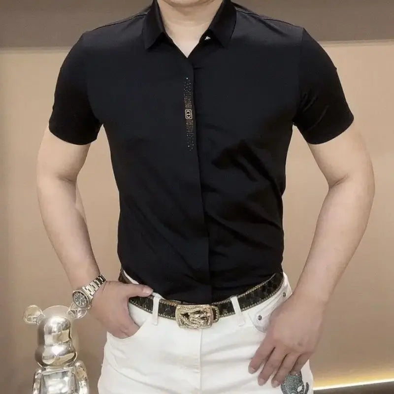 Summer Fashion Handsome Trendy Men's Polo Collar Solid Color Short Sleeved Shirt - mon