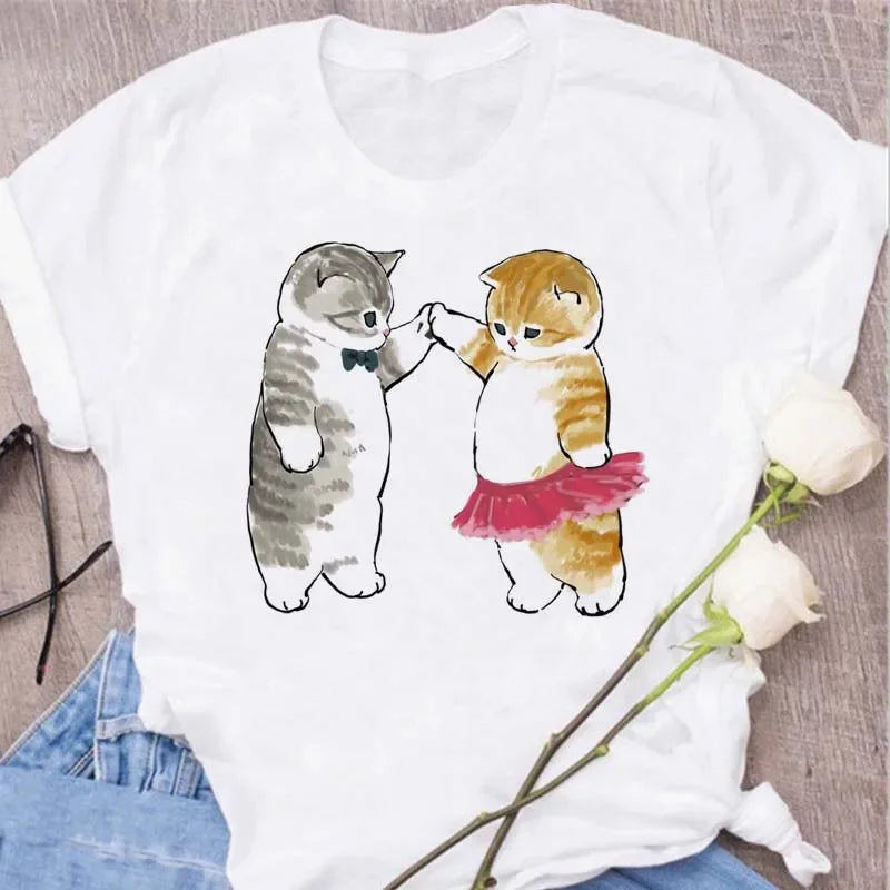 Cute Cats Printing Women T-shirts New Kawaii Women's Tops Fashion Women Clothing Funny Korean Style Creative Casual Clothes Tees