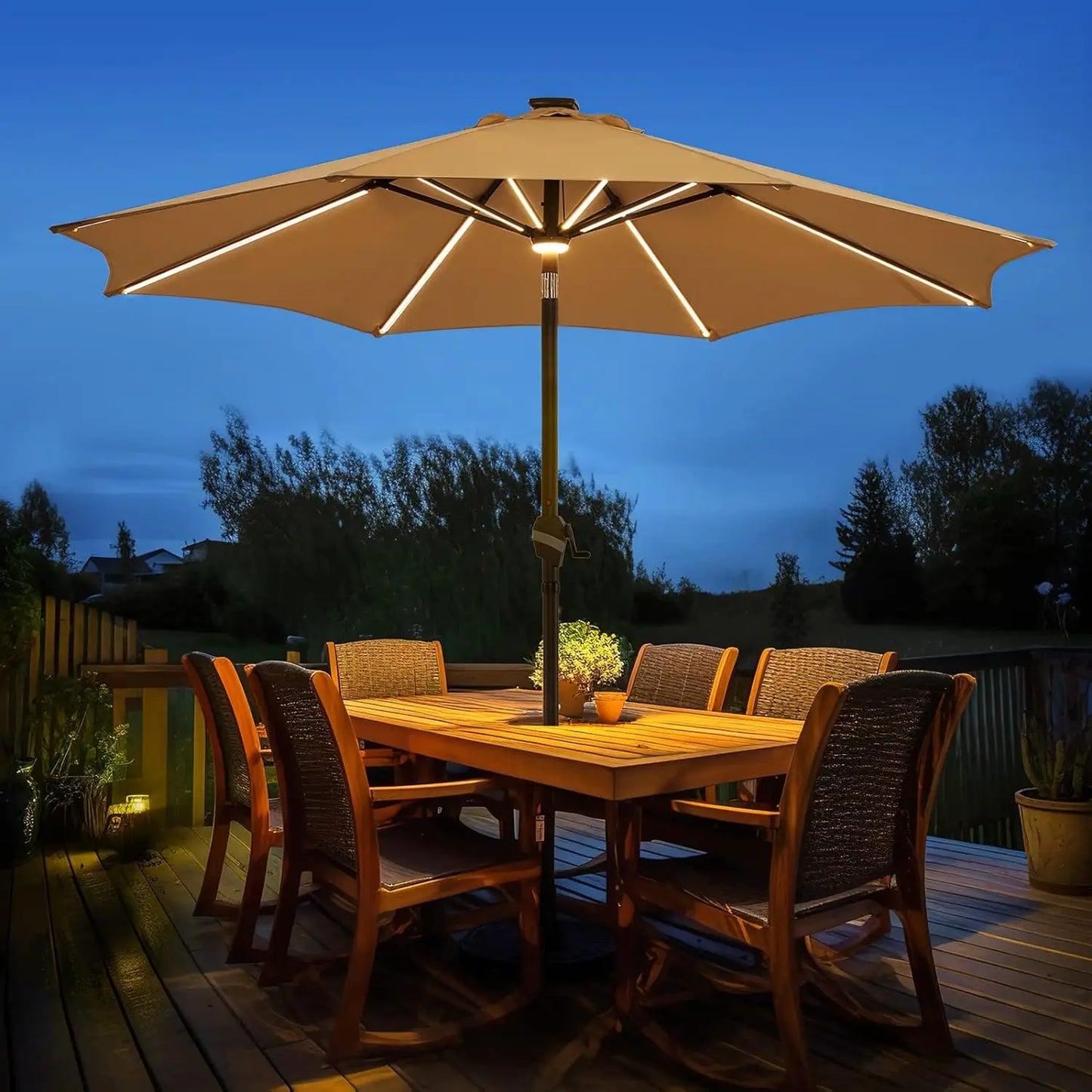 BLUU MAPLE 9 FT Solar-Terrassenschirm für den Außenbereich, LED-Tischschirme mit 16 LED-Lichtstreifen und Nabenlicht, Aluminiumrahmen