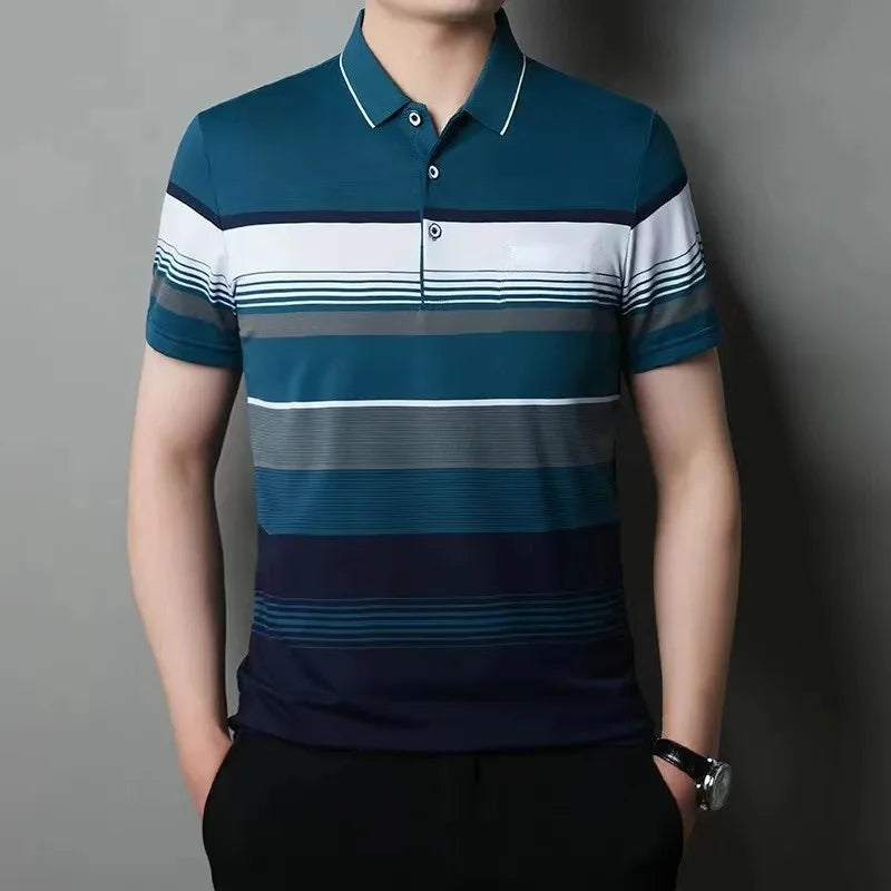 Men's Polo Shirts Korea Man Golf Shirts Summer Striped Print Button Clothing Business Style Male Streetwear Short Sleeve T-Shirt