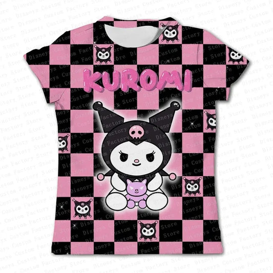 تي شيرت صيفي قصير الأكمام من Cartoon Kurumi للفتيات مقاس 100-6XL مقاس 3-14 Kawaii Street Y2K Apparel O Neck 2024 ملابس عصرية