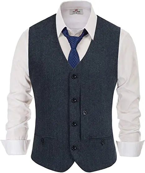 Mens Suit Vest Irregular Buttons V Neck Wool Tweed Herringbone Silm Fit For Formal Casual Daily Men's Vest Clothing 2021
