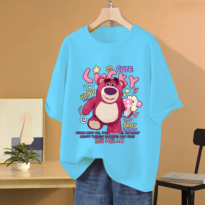 Lotso Bear Cartoon Anime Women T-shirt Summer Short Sleeve Men Tee Shirts 100% Cotton 2025 New Fashion Couple Clothes Tops