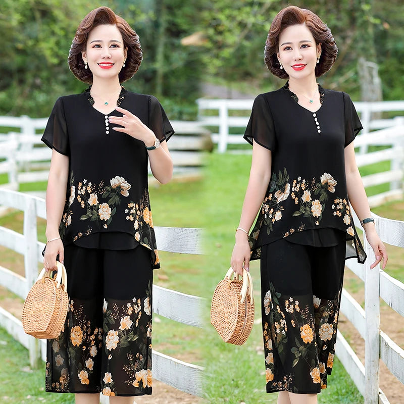 Elegant floral Middle-aged Womens Summer Suits Short Sleeve Chiffon T-shirt Top &Wide-leg Pants 2 Pcs Sets 5XL