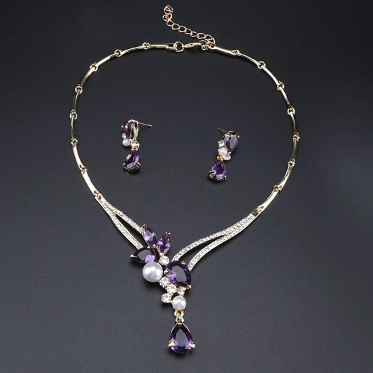 Luxury Dubai Jewelry Sets Purple Crystal Necklace Earrings Set for Women Bridal Jewelry set Accessories Gifts