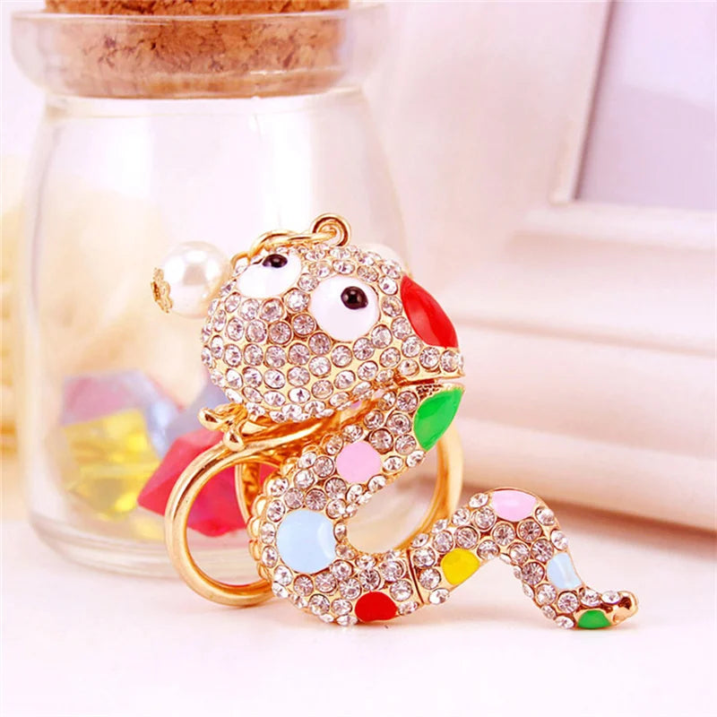 Creative Diamond Chinese Zodiac Little Flower Snake Car Pendant Cartoon Cute Snake Keychain Ring Bag Hanging Decoration Gift