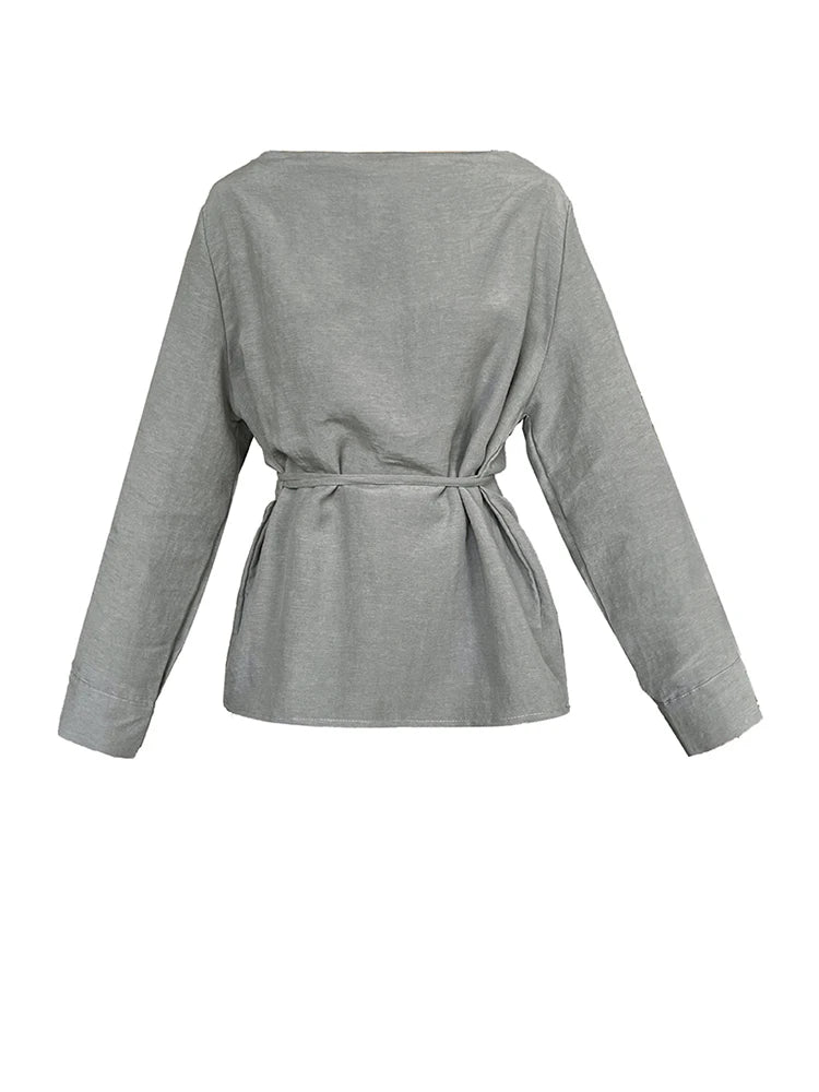 FANAN Women's Shirts Round Neck Lace-up Gathered Waist Long Sleeve Fit Blouses Female Tops Fashion Clothes 2025 Spring New