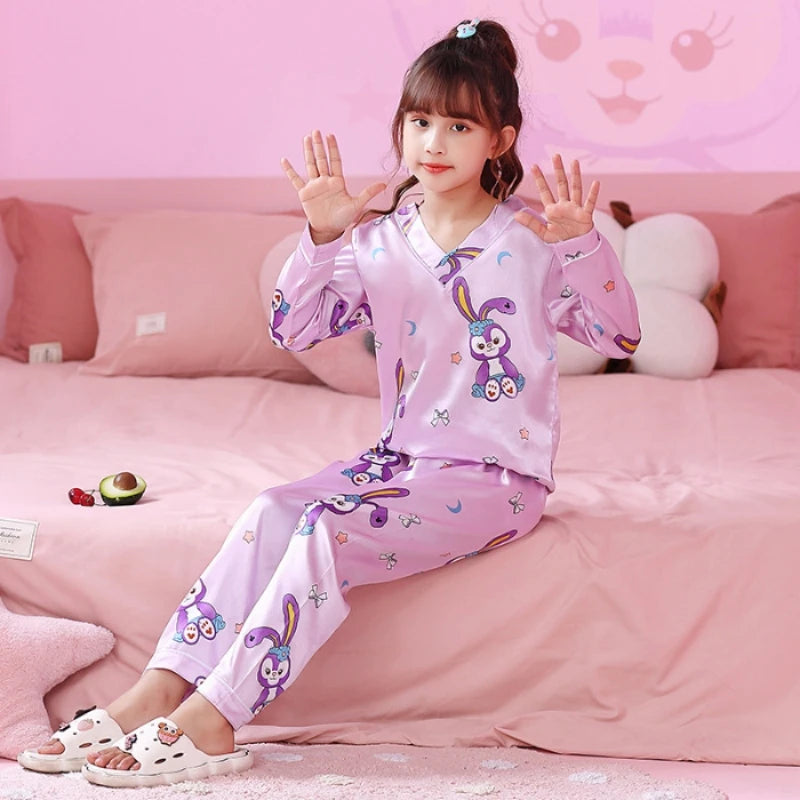 Ice Silk Long-sleeved Trousers Loose and Thin Simulated Silk Home Clothes Pajama Pyjamas Sleepwear Robe Children's Clothing Kids