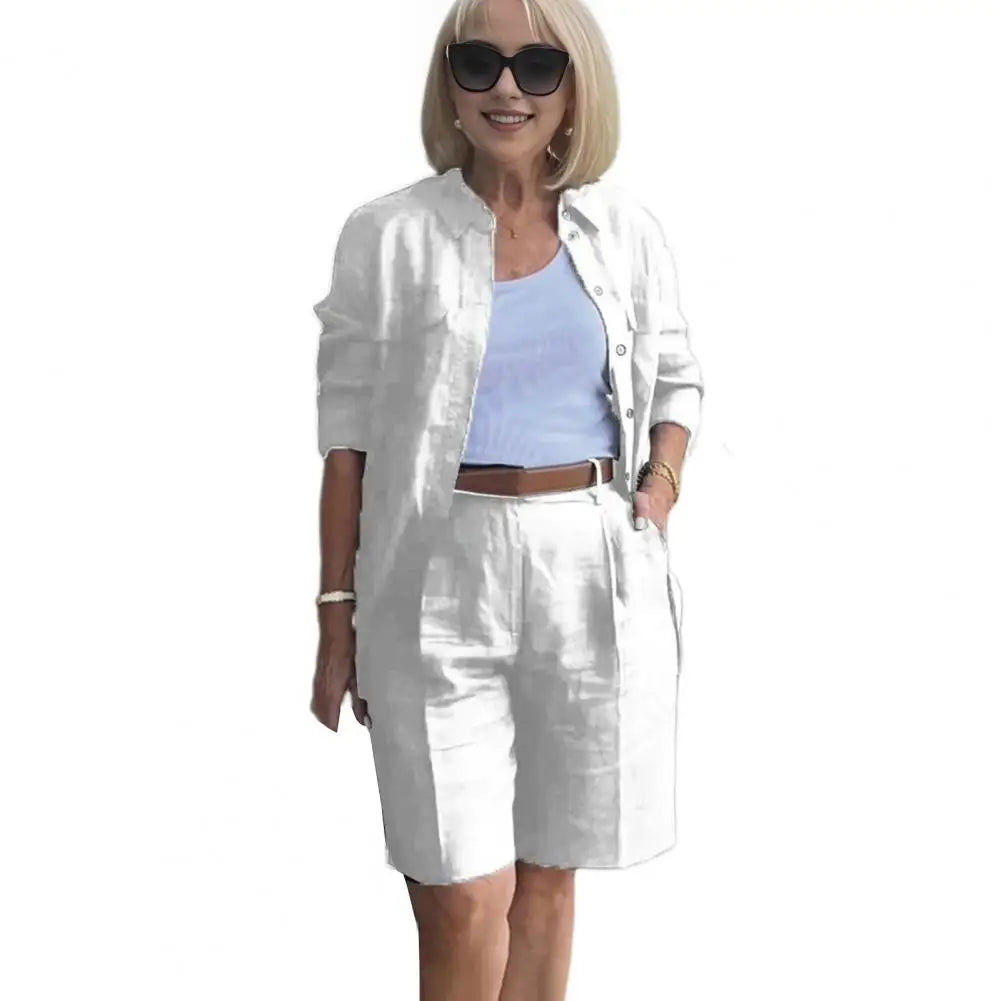 Fashion White 2 Piece Set For Women Long Sleeve Shirt And Shorts Two Piece Suit Women 2024 Summer Cotton Linen Casual Home Sets