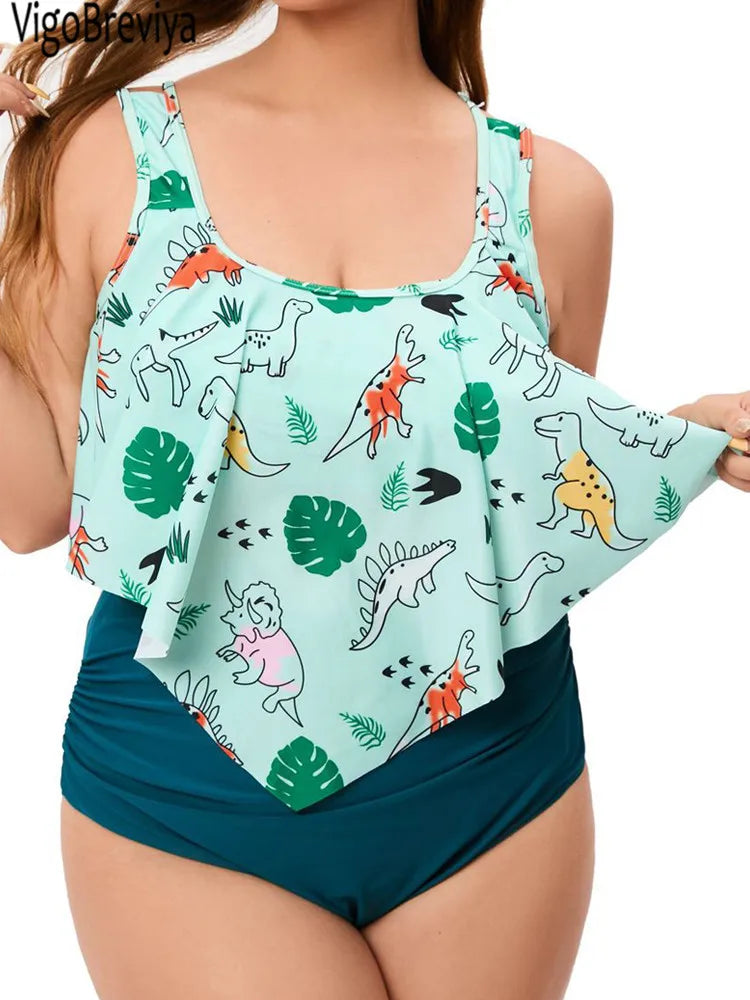 VigoBreviya 2025 Print Ruffle 2 Piece Plus Size Tankini Strapped Women Curvy Swimsuit High Waist Lady Brazilian Big Bathing Suit