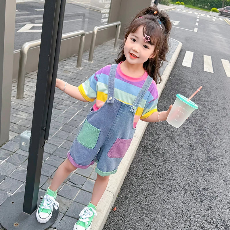 Rainbow T-Shirt Summer Bib Pants Baby Girls Shorts Jumpsuit Boy Cute Colorful Striped Short Sleeve Tops+Denim Short overalls Set