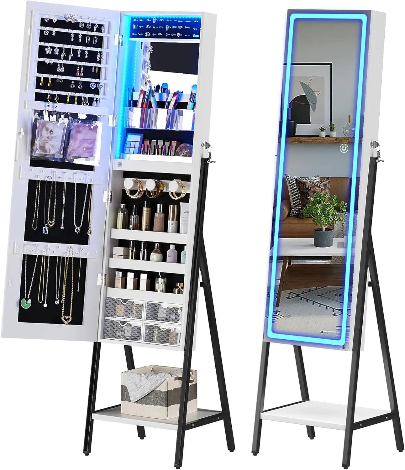 RGB LED Full Length Mirror with Storage for Jewelry, Lockable. home improvement decoration