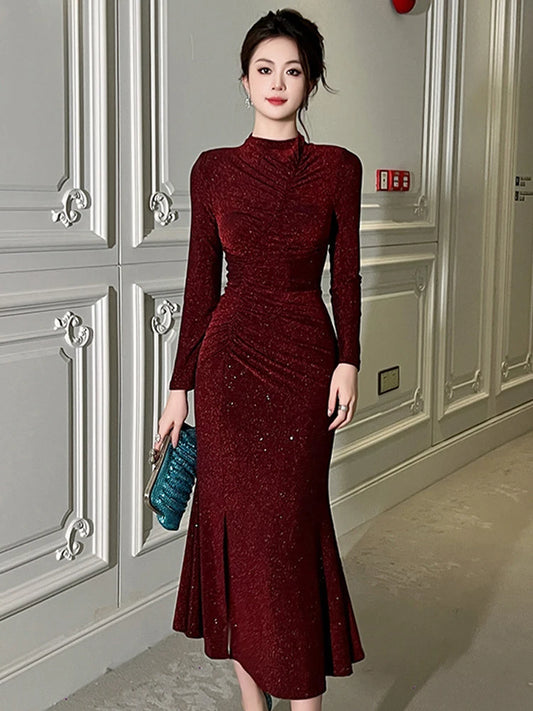 Women‘s Fashion Elegant Birthday Party Dress Female Clothing Glitter Bright Sequin Slit Folds Fishtail Robe Evening Prom Vestido