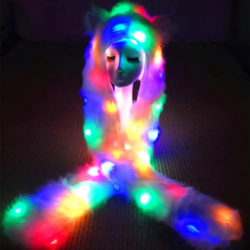 Women LED Hat Scarf Creative Multi-color LED Light Up Faux Fur Animal Ears Hood Hat with Scarf for Festival Glow Party navidad