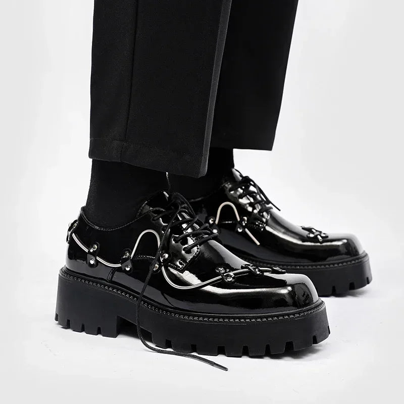 2025 New Small Style Thick Soled Derby Shoes Square Head Black Men's Business Casual Leather Retro Spring Decorative Shoes Men