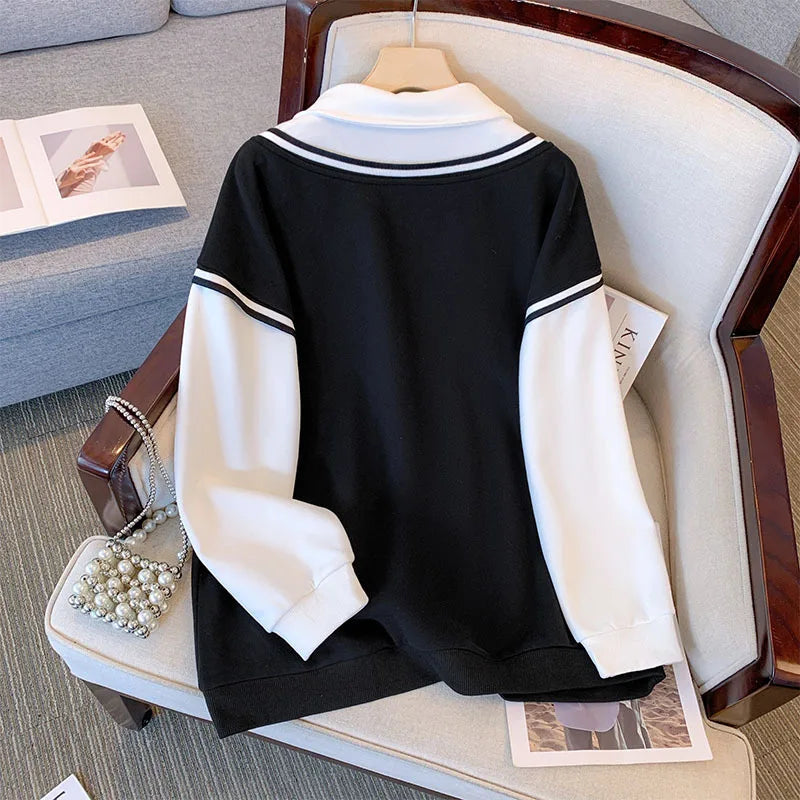 150Kg Plus Size Women's Bust 160 Autumn Loose College Style Patchwor Sweatshirt Poli Collar Top Black 6XL 7XL 8XL 9XL 10XL