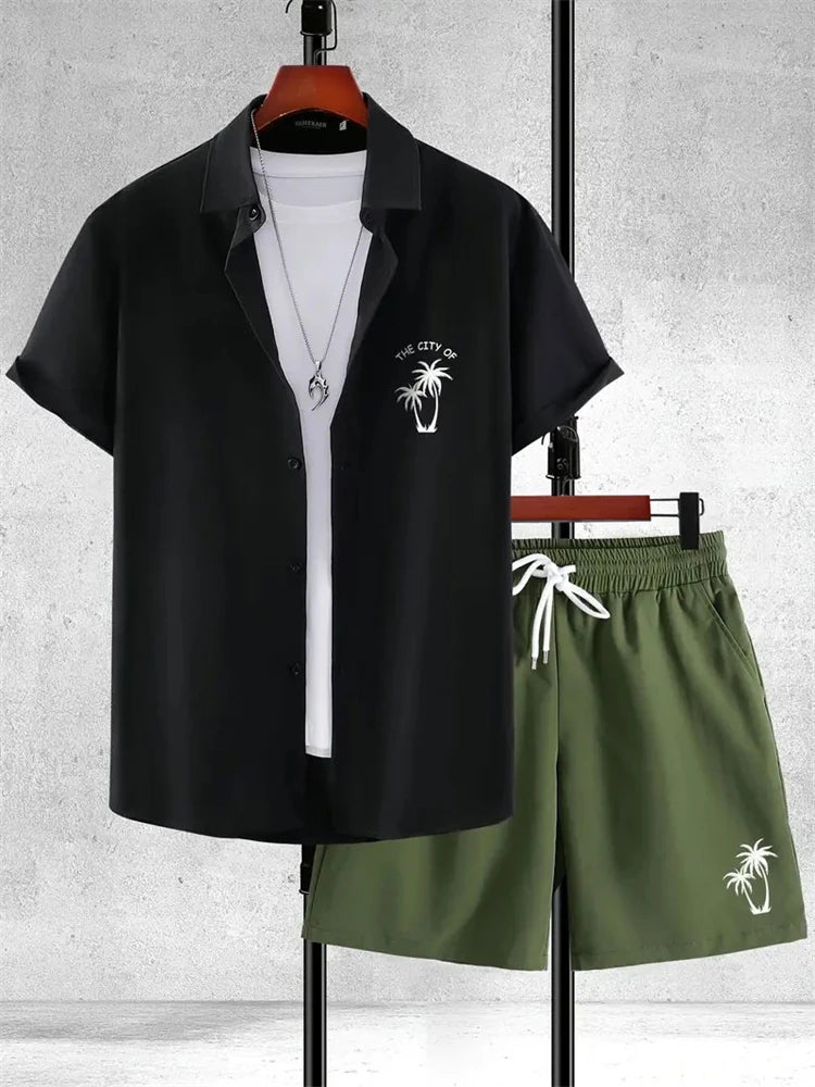 Men's Fashion Breathability Suit Hawaii Beach Holiday Suit Fallow Men's Shirt Short Sleeve Shorts 2 Piece Set