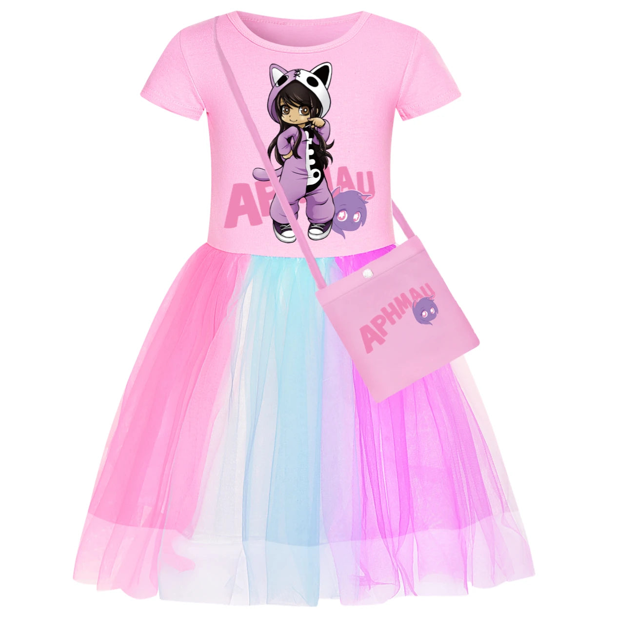 Anime Aphmau Dress Kids Cute Short Sleeve Clothes for Baby Girls Kawaii Casual Dresses&small Bag Children Summer Holiday Outfits