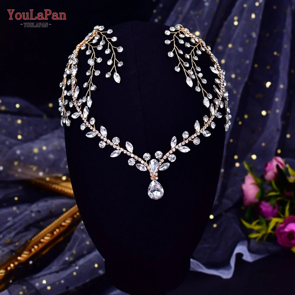 YouLaPan Crystal Flowers Hairpiece Bridal Wedding Hair Accessories Handmade Rhinestone Forehead Tiara Crown for Bride HP618