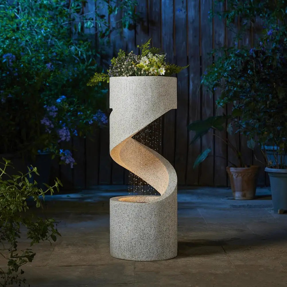 LED Outdoor Water Fountain Decorative Tiered Spiral Curved Waterfall Feature Planter Relaxing Sound Durable Resin Garden Accent