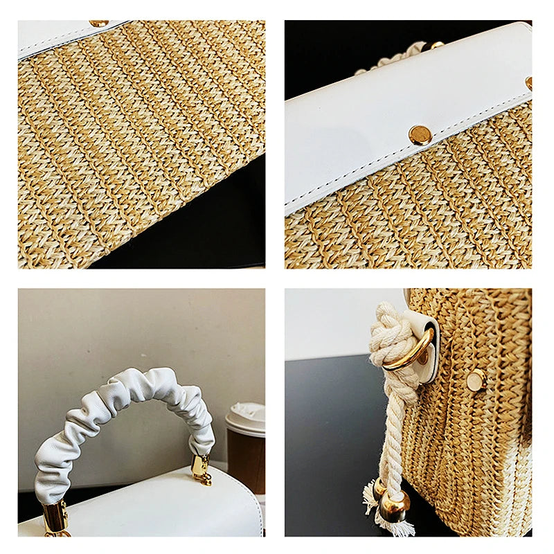 Straw Beach Bag for Women Summer Pleated Handle Luxury Designer Bag Contrast Color Crossbody Purse and Handbag Lady Bolsos