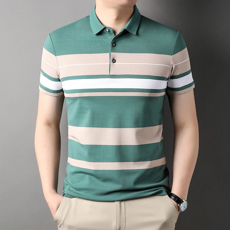 Men's Polo Shirts Korea Man Golf Shirts Summer Striped Print Button Clothing Business Style Male Streetwear Short Sleeve T-Shirt
