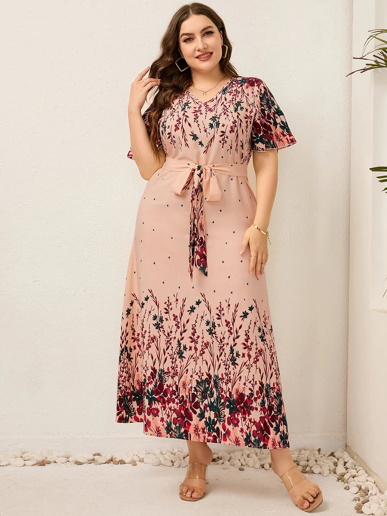 2025 Casual V-Neck Print Plus Size Dress Women Short Sleeve Lace-Up Large Midi Dress Lady Trendy Chubby Curvy Pleated Long Dress