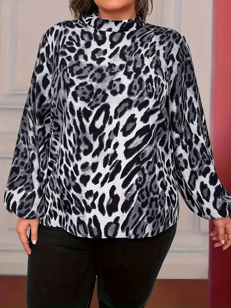 GIBSIE Plus Size Leopard Print Long Sleeve Shirt Women Autumn New Stand-up Collar Office Ladies Casual Fashion Tops and Blouses