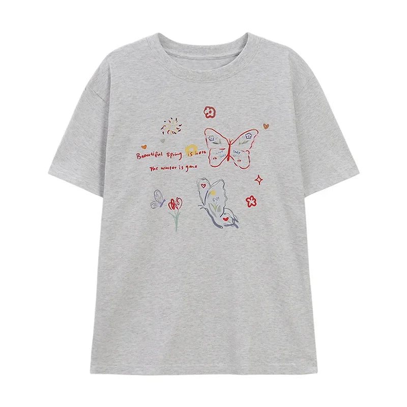 2025 New Arrival clothes Simple Style Women's Summer Loose Casual Round Neck Niche Top T-Shirt Print Butterfly Ladies Clothes T-shirts