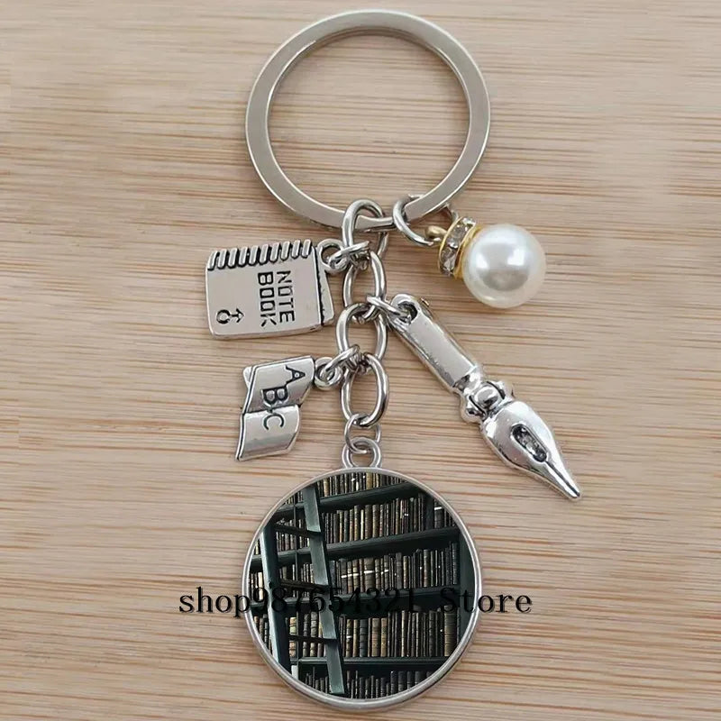 Classic Library Books Keychain Vintage Old Books Key Chain Librarians Key Ring Gift for Nerd Bookworm Writer Teacher