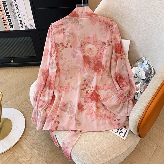 Plus-size Women's Fall Casual Commute Loose and Comfortable shirt Chiffon print long sleeve bow collar lace-up top large 2024