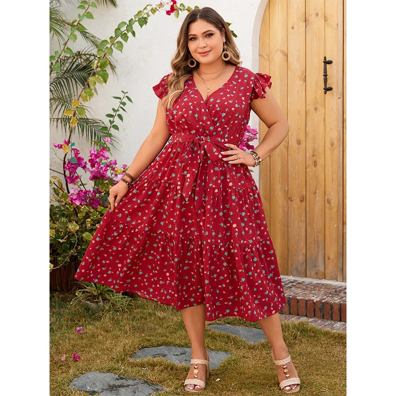 Plus Size Summer V-Neck Midi Dress Women Flower Print Fashion Loose Ladies Dresses Ruffle Pleated Woman Sleeveless Dress