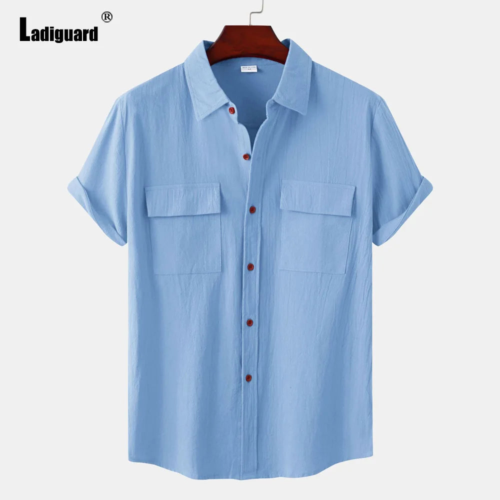 Men Short Sleeve Linen Shirts ,Black Soft Blouse Vintage Casual Stand Pocket Tops mon