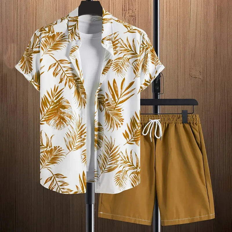 Stylish Lapel Button-Down Shirt Shorts Set Summer Men's Short-Sleeved Shirt Drawstring Shorts 2-Piece 3D Leaf Print Travel Suit mon