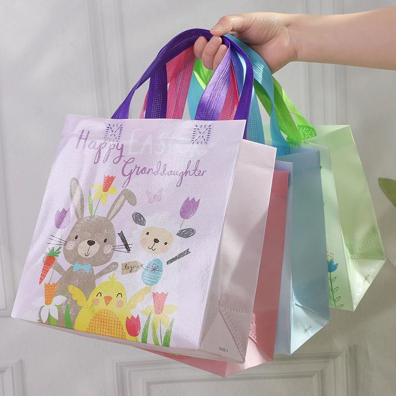 4pcs Easter Waterproof Non-woven Gift Bag Cartoon Egg Bunny Printed Candy Packaging Bag With Handles Happy Easter Party Supplies