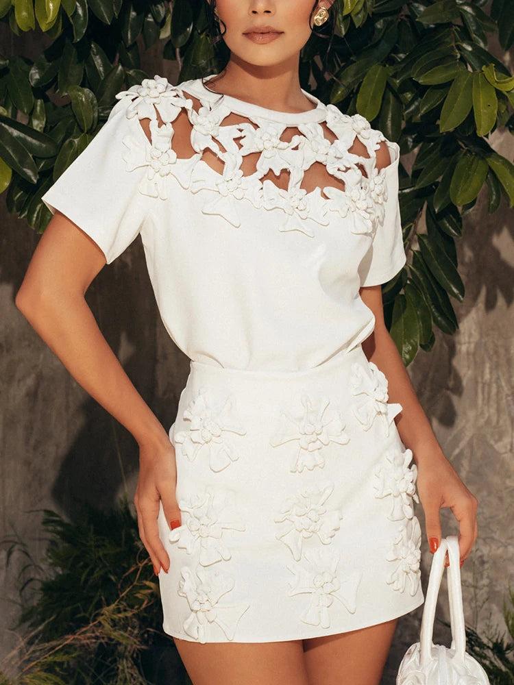 TWOTWINSTYLE Solid Elegant Two Piece Set For Women Round Neck Short Sleeve T Shirt High Waist Mini Skirt Slimming Sets Female