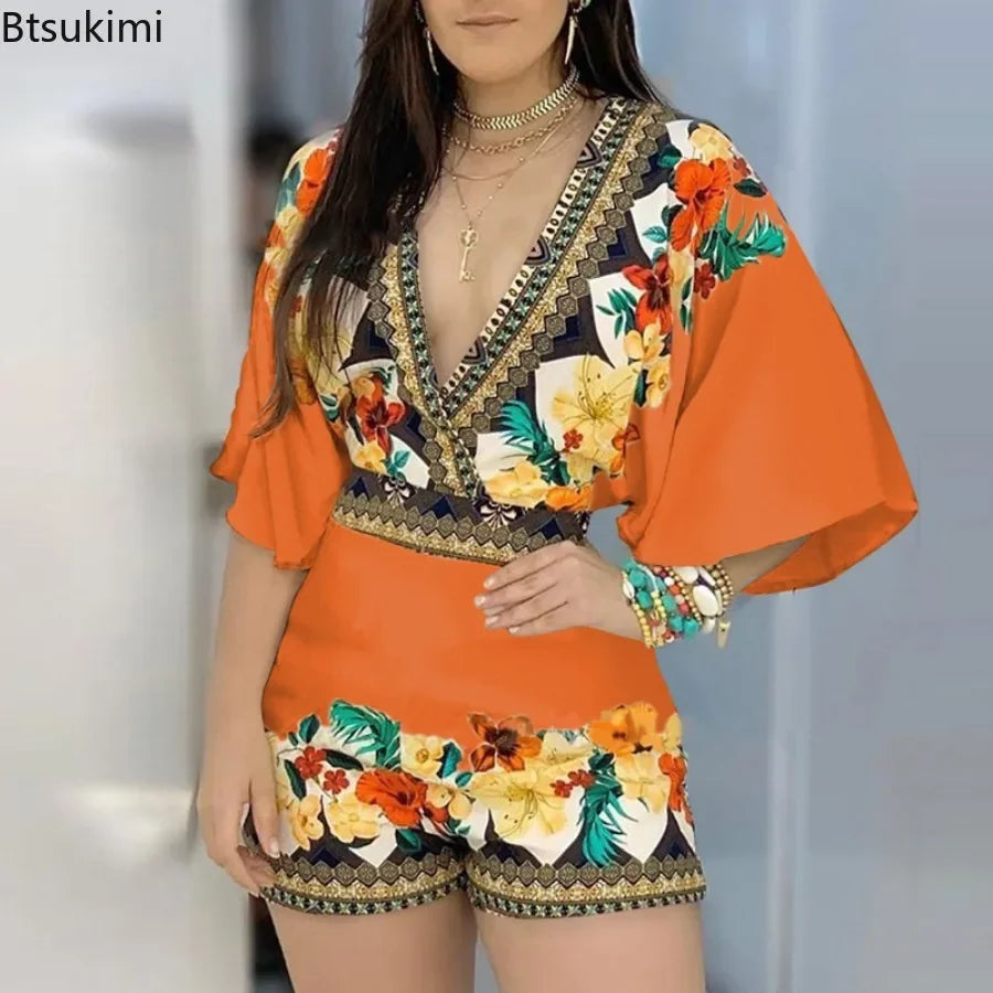 2025 clothes Women's Casual Jumpsuits Elegant Floral Print Overalls Summer Deep V-neck 3/4 Sleeve Rompers Ladies' Clothes Mujer Outfits