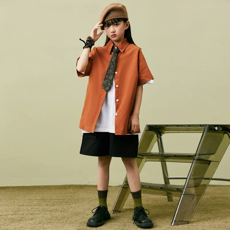 Kinder Kleidung Mädchen Jungen Sommer Neue Revers Hemd Weiße Weste Schwarz Elastische Taille Shorts 3 stücke Jazz Dance Outfit Leistung Tragen
