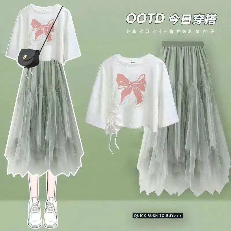 2024 Summer New Korean Elegant Cute Short Sleeved T-shirt+Mesh Midi Skirt Two Piece Suit Women's Loose Top Dress Matching Set