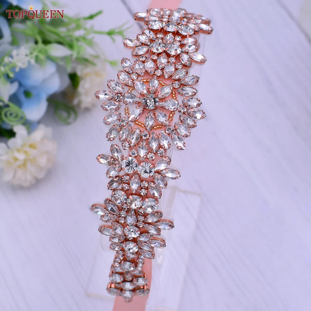 TOPQUEEN S319-RG Rose Gold Belt Full Rhinestone Ladies Wedding Party Stones Sash Women Dress Bride Accessories Gown Applique
