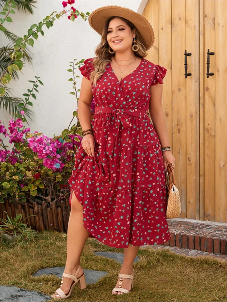 Plus Size Summer V-Neck Midi Dress Women Flower Print Fashion Loose Ladies Dresses Ruffle Pleated Woman Sleeveless Dress
