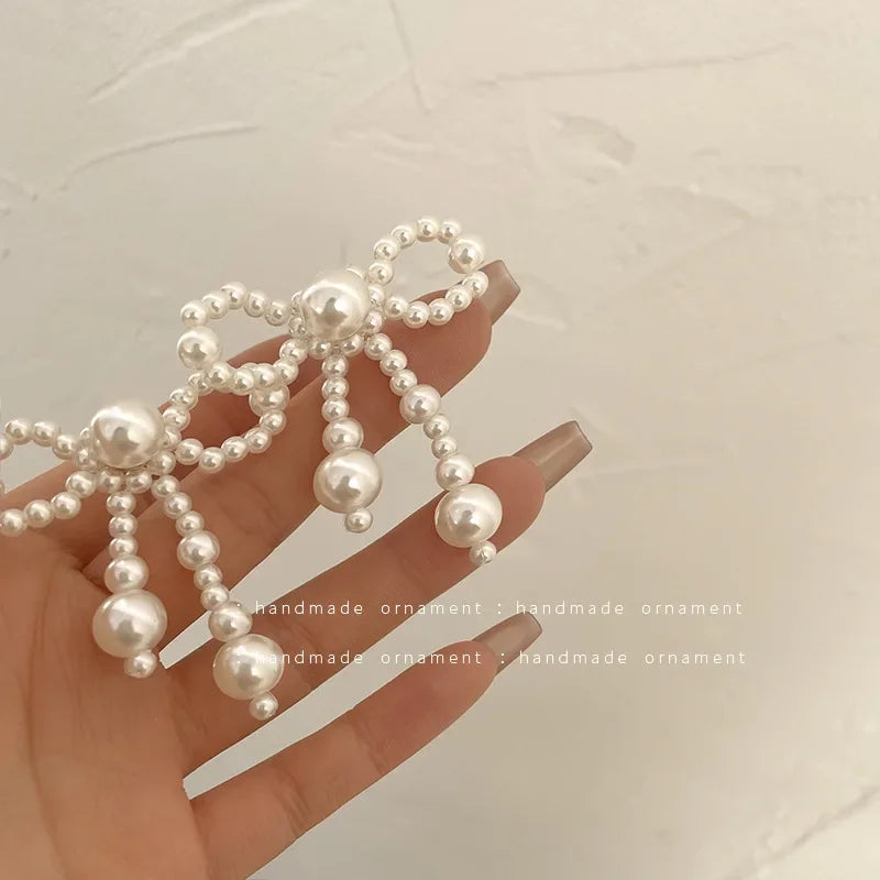 White Beaded Earrings Imitation Pearl Earrings Ear Clips Bowknot Long Tassel Pearl Clip on Earrings Non Piercing Ear Jewelry