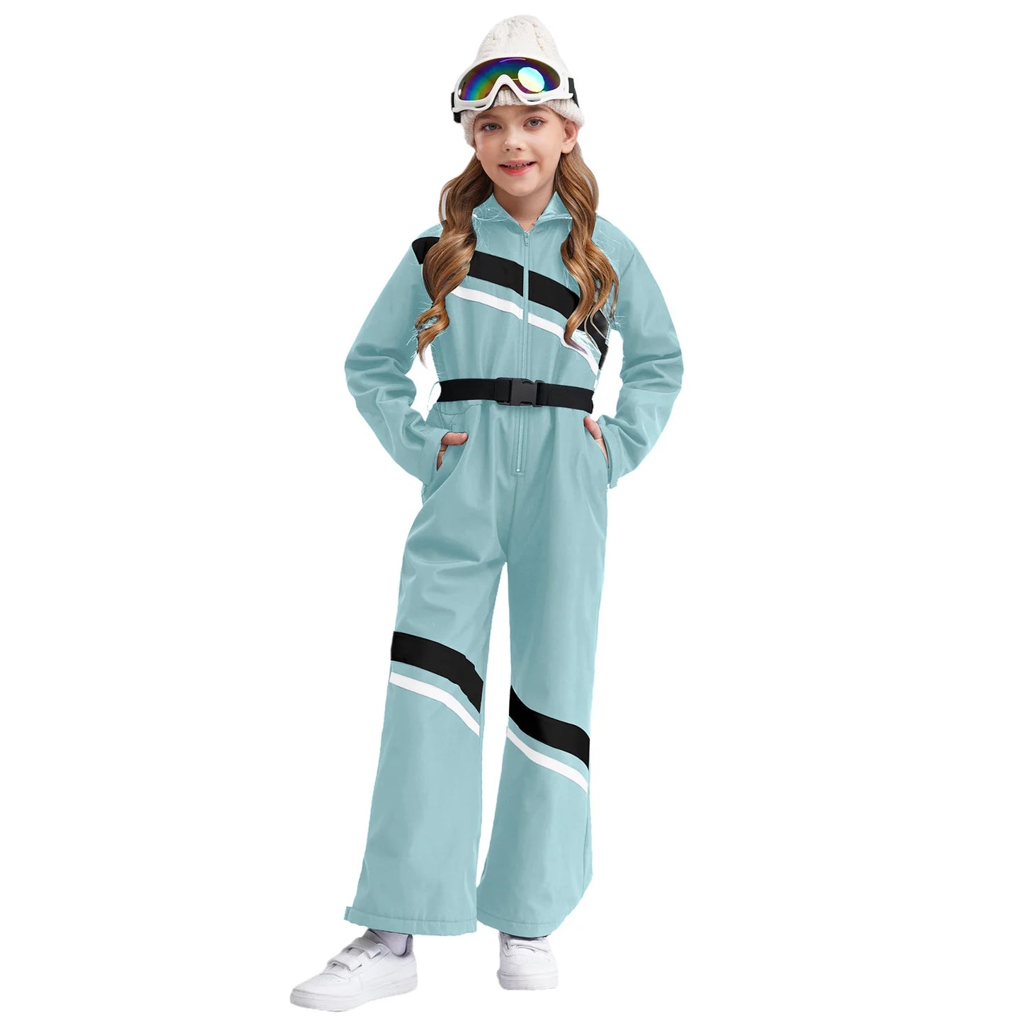 Kinder-Ski-Overall mit Kapuze für Mädchen, langärmelig, Reißverschluss, Farbblock-Bodysuit mit Gürtel zum Skifahren, Snowboarden, Bergsteigen