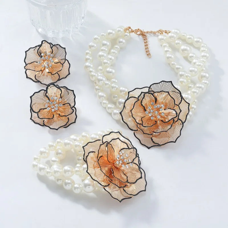 Ladies' Pearl Camellia Necklace Bracelet Earrings Retro Jewelry Trend Exaggerated Jewelry Set Party Gifts Wholesale