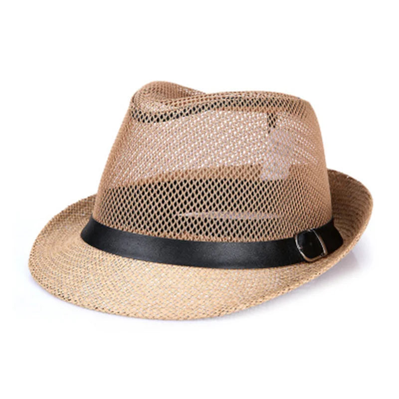 Summer linen breathable sunhat Jazz Hat small hat outdoor sun hat men's leather belt Hawkins Felt Cap Western cowboy hat F59