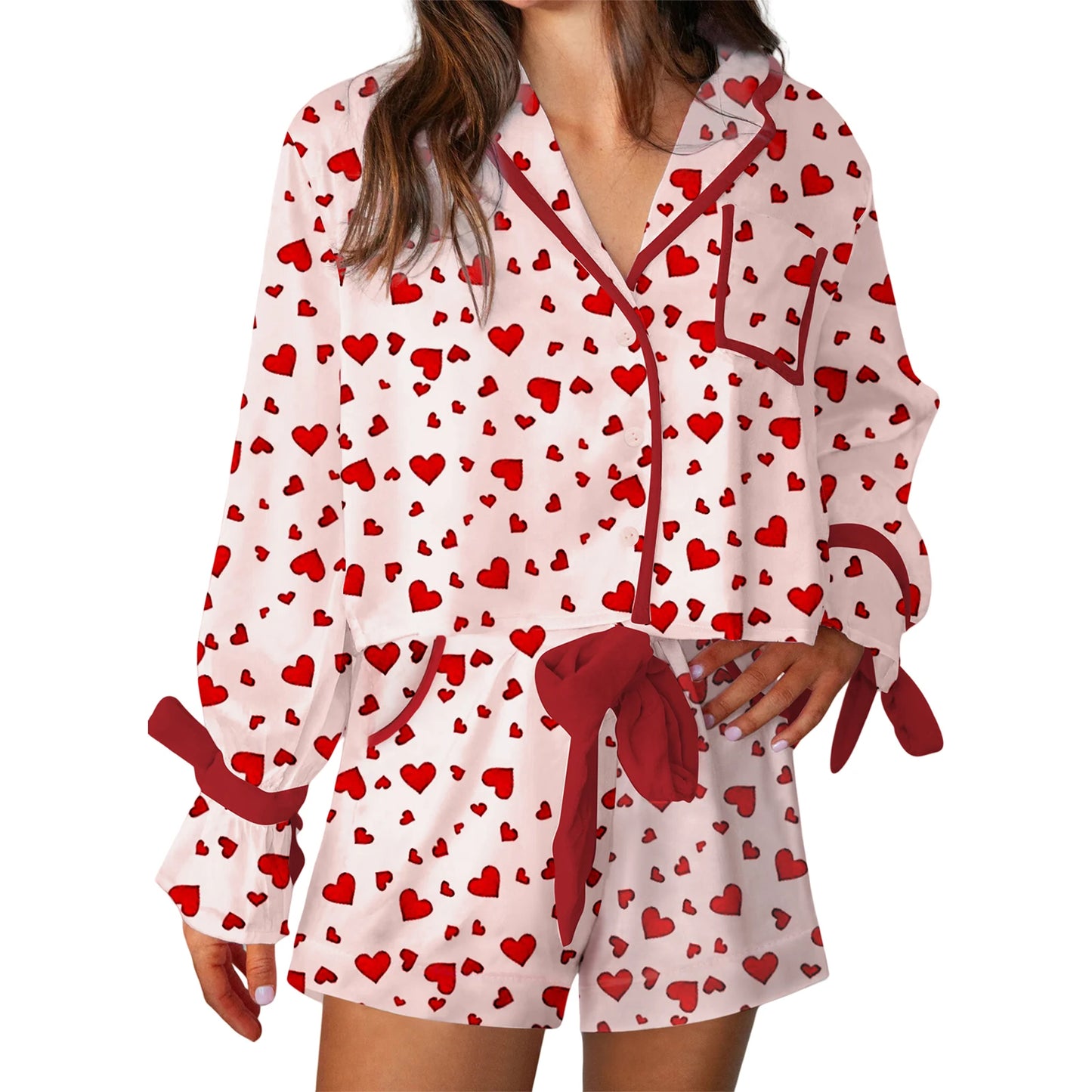 Women s Valentine s Day Lounge Set Long Sleeve Heart Print Shirt Drawstring Shorts Sleepwear