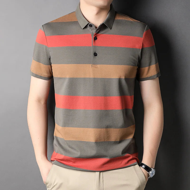 Men's Polo Shirts Korea Man Golf Shirts Summer Striped Print Button Clothing Business Style Male Streetwear Short Sleeve T-Shirt