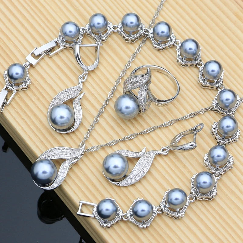 Black Pearls 925 Silver Jewelry Sets for Women Luxury Pearl Beads Bracelet Line Design Earring Ring Necklace for Lady Party Gift